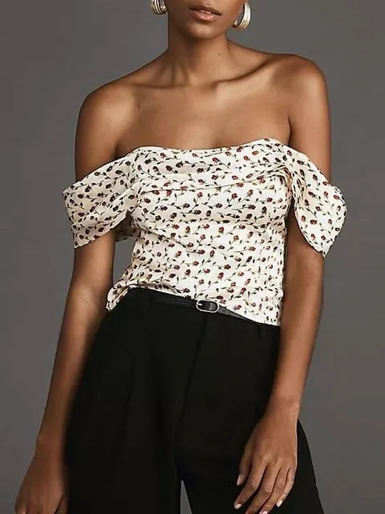 Reformation Lux Silk Off Shoulder Corset Top in Rose Print - 0
